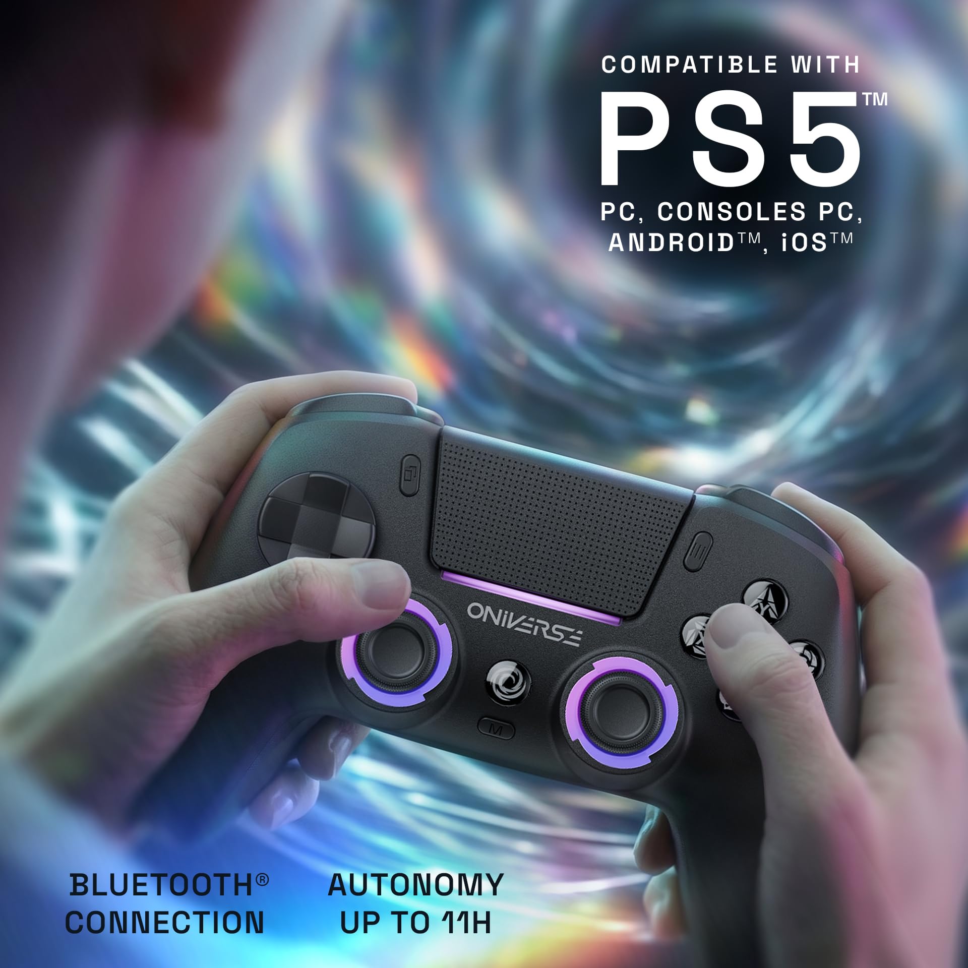 Oniverse Mando inalámbrico para PS5/PC/Steam Deck - Starion - Joysticks y gatillos con tecnología Hall Effect, Paletas macro programables, Gatillos L4/R4, Panel táctil, Bluetooth/USB-C - Black