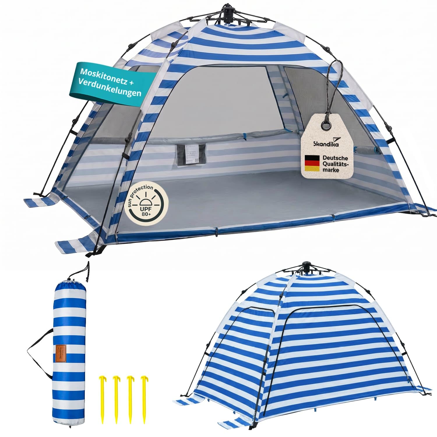 Skandika Strandmuschel Skugga Quick-Start | Strandzelt, UV-Schutz 80+, rundum verschließbar, Windschutz, Sonnenschutz, Sichtschutz, Quick-Up, Sandheringe | Strand Zelt groß für Familie, Kinder