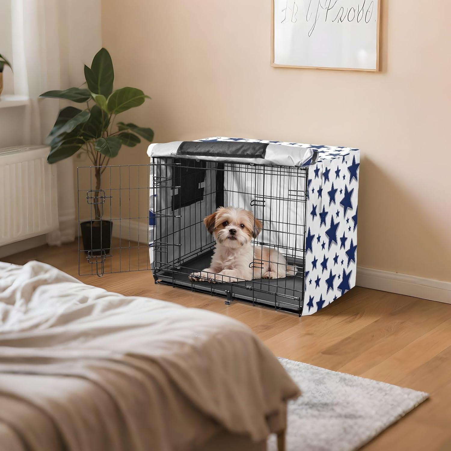 Duty 600D Silver Coated Dog Crate Cover, Water-Resistant Star Print Pet Kennel Canopy with Mesh Windows for Optimal Ventilation, Universal Fit for Standard Wire Cage, Indoor & Travel