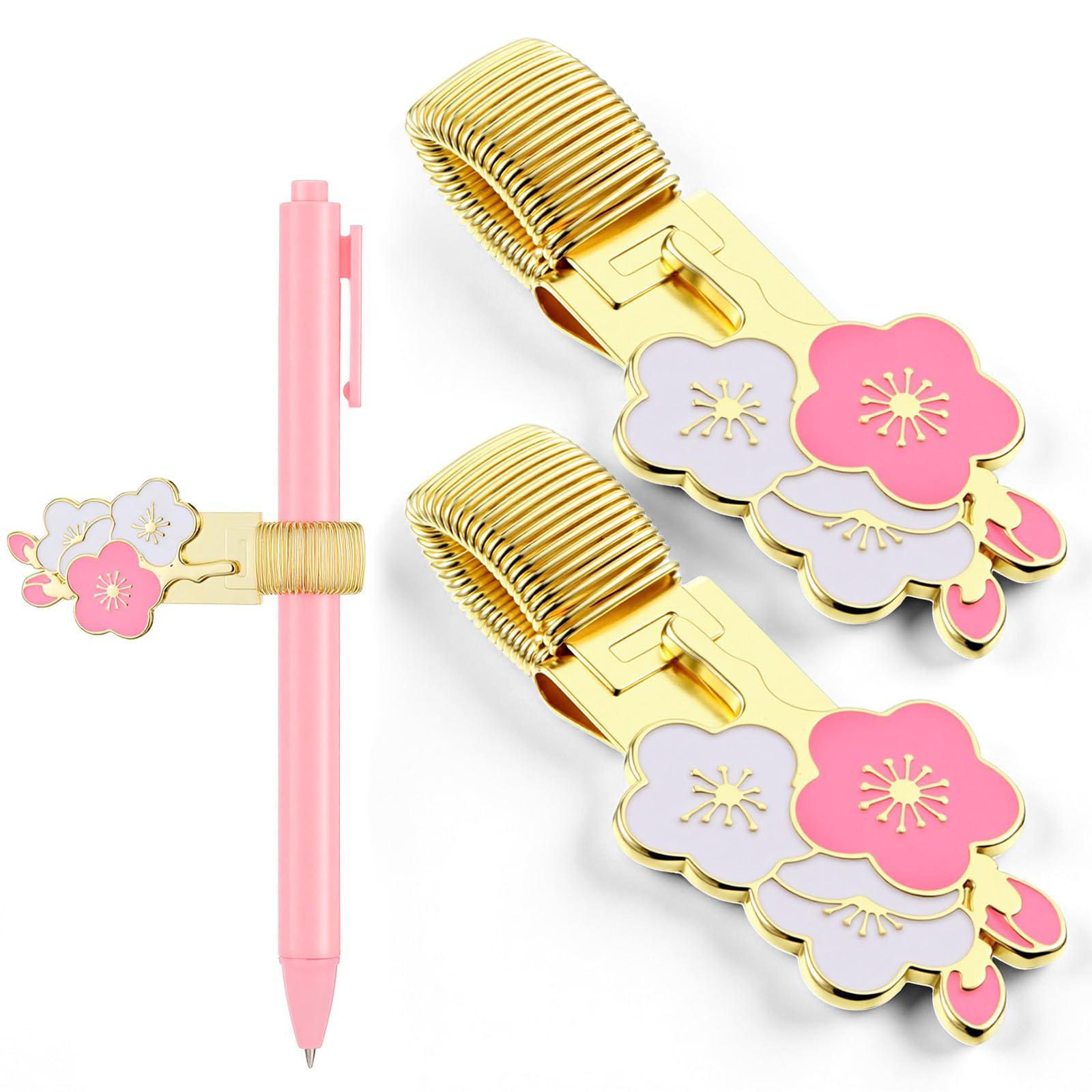 Muiltvoe 2 Pcs Pen Holder Clip, Adjustable Metal Pen Clips Spring Loop Flower Pencil Clip Organizer for Notebook Clipboard