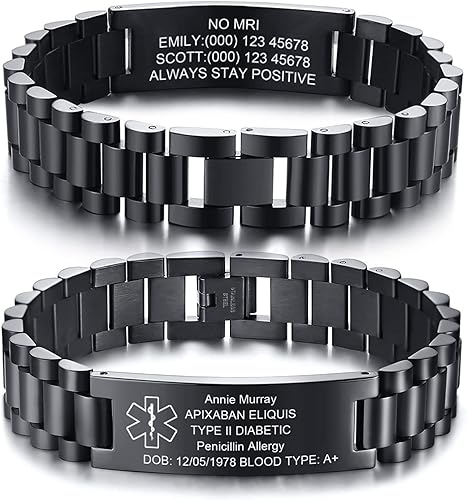 Pulsera de identificación médica para hombres grabado gratuito, estilo de banda de reloj negro, pulsera de alerta médica personalizada, joyería de