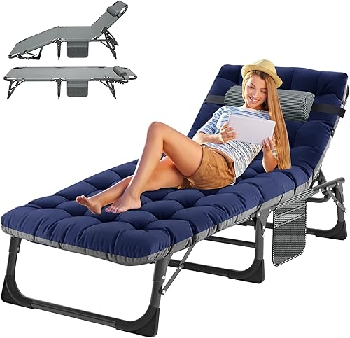 ABORON Catres de campamento de 5 posiciones para adultos, catre de dormir plegable al aire libre, tumbona plegable con almohada, silla reclinable