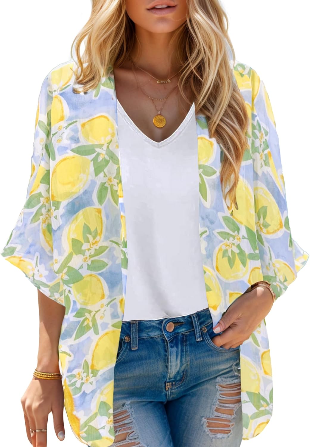 Moss Rose Women's Beach Kimono Coverup Sheer Chiffon Cover Ups, Casual Loose Open Front Cardigan Tops