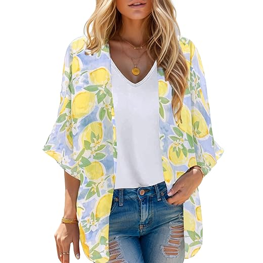Moss Rose Women's Beach Kimono Coverup Sheer Chiffon Cover Ups, Casual Loose Open Front Cardigan Tops
