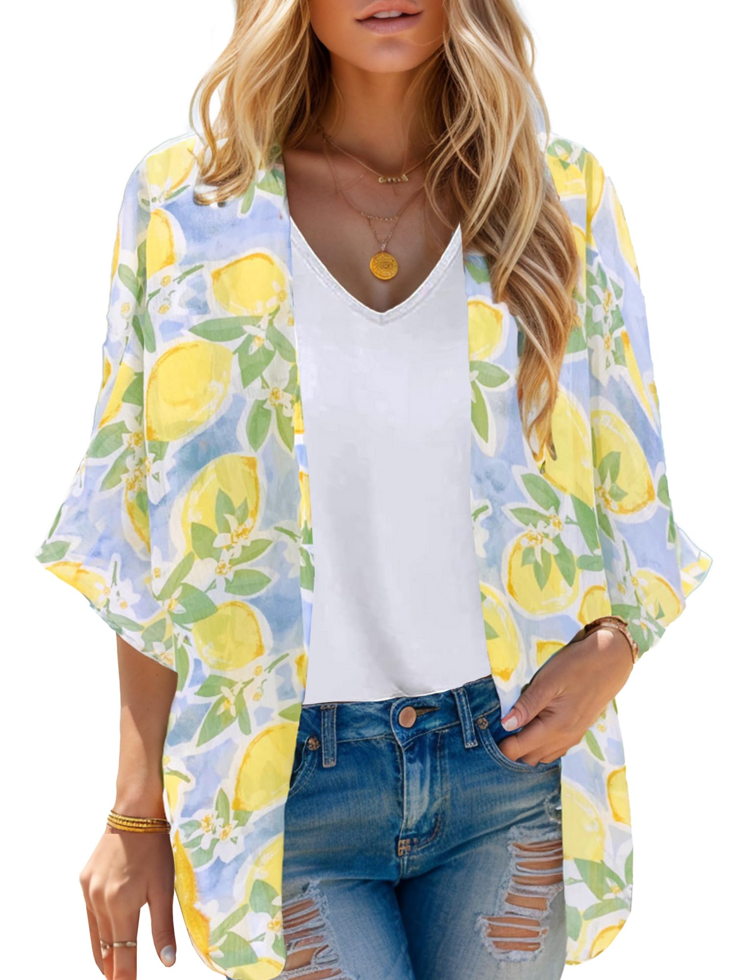Moss Rose Women's Beach Kimono Coverup Sheer Chiffon Cover Ups, Casual Loose Open Front Cardigan Tops