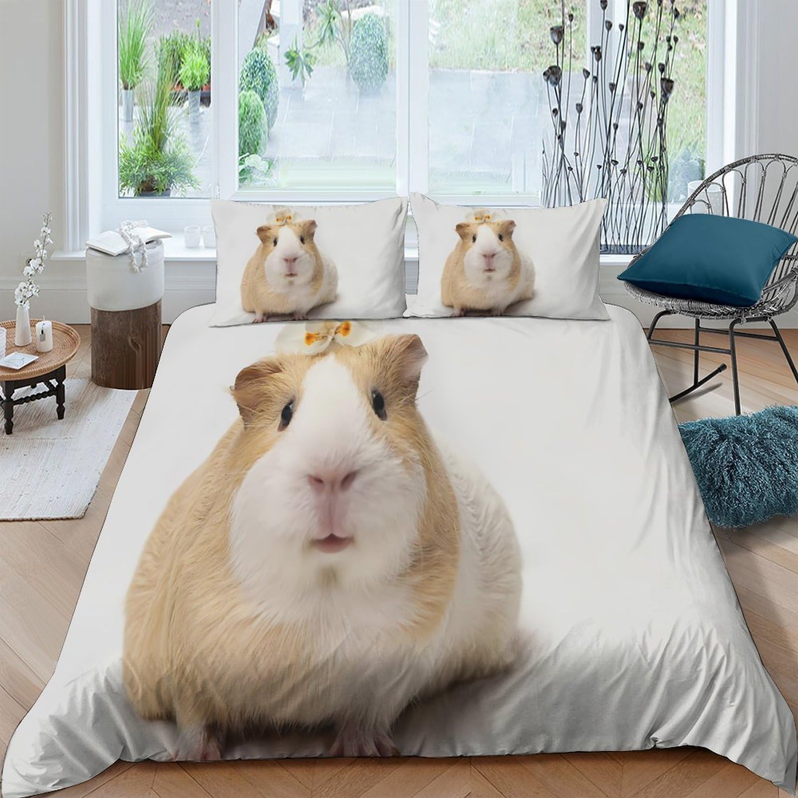 XFKLYNVCJ 3D Printed cute guinea pig Bed Cover Breathable Fabric floral head accessory Bedding Cover Wrinkle Resistant Machine Washable for Student Dorm College Bedroom Daily Use Single（140x200cm）
