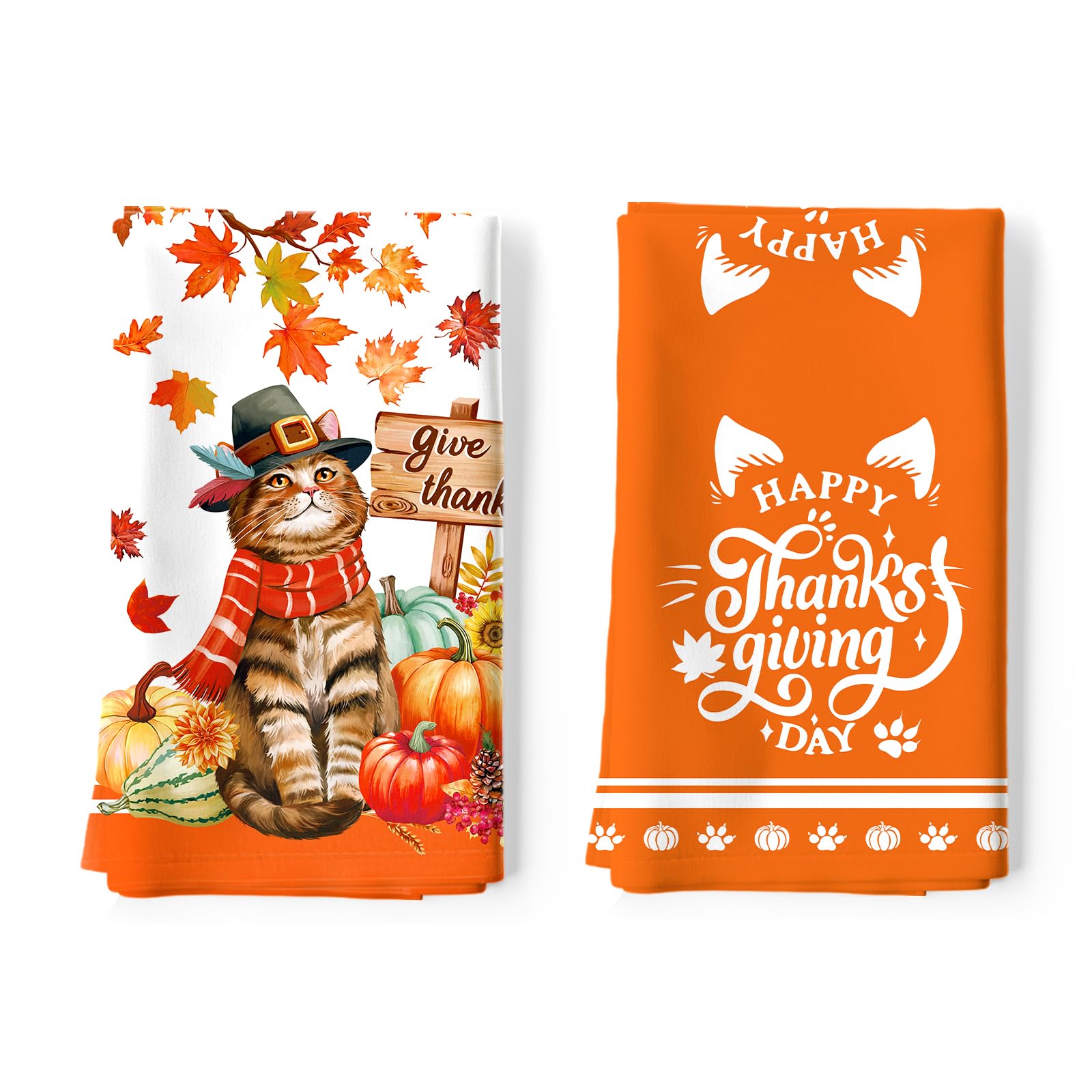 Arquiel Fall Thanksgiving Cat Pumpkin Tea Towels, Cotton Kitchen Towel 48 × 70 cm