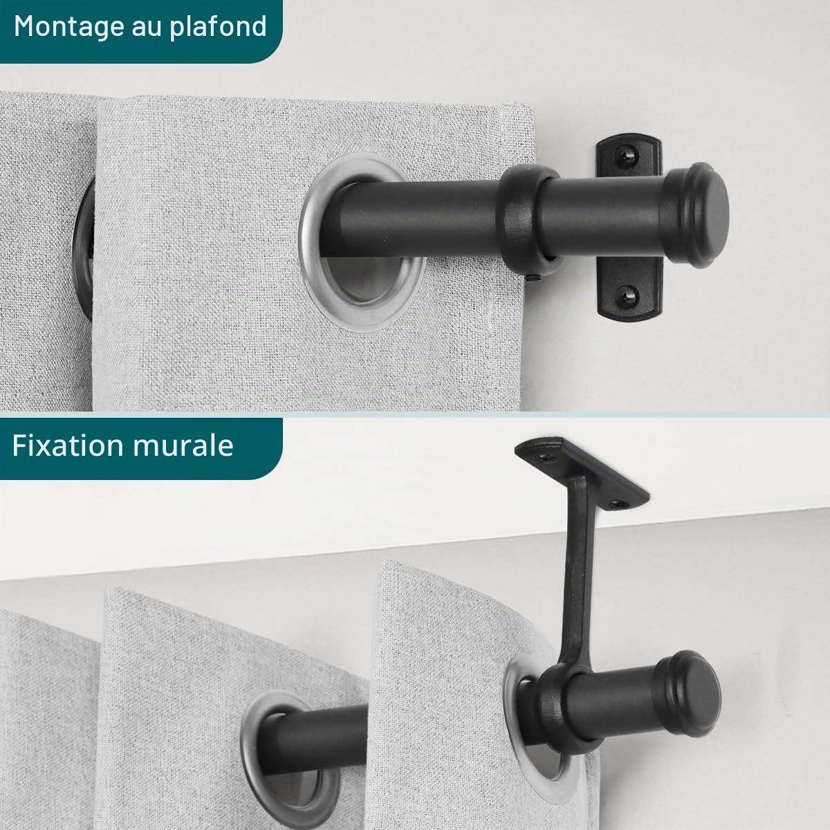 Tringle à rideaux pour fenêtres avec embout rond, 80-300 cm, Tringle à rideaux réglable pour montage au plafond robuste avec supports, Tringle à rideaux murale pour rideaux suspendus