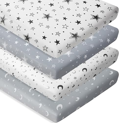Miniatura 8 de Juego de 4 sábanas bajeras unisex de estrellas y luna para bebés, niños o niñas (sábanas para cuna)