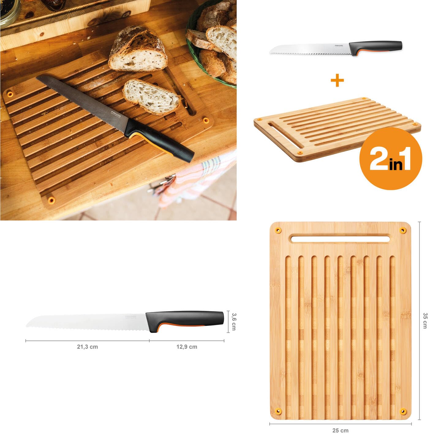 Fiskars Planche à Découper en Bambou et Couteau à Pain, Functional Form, Bambou/Acier Inoxydable Japonais/Plastique, 1057551