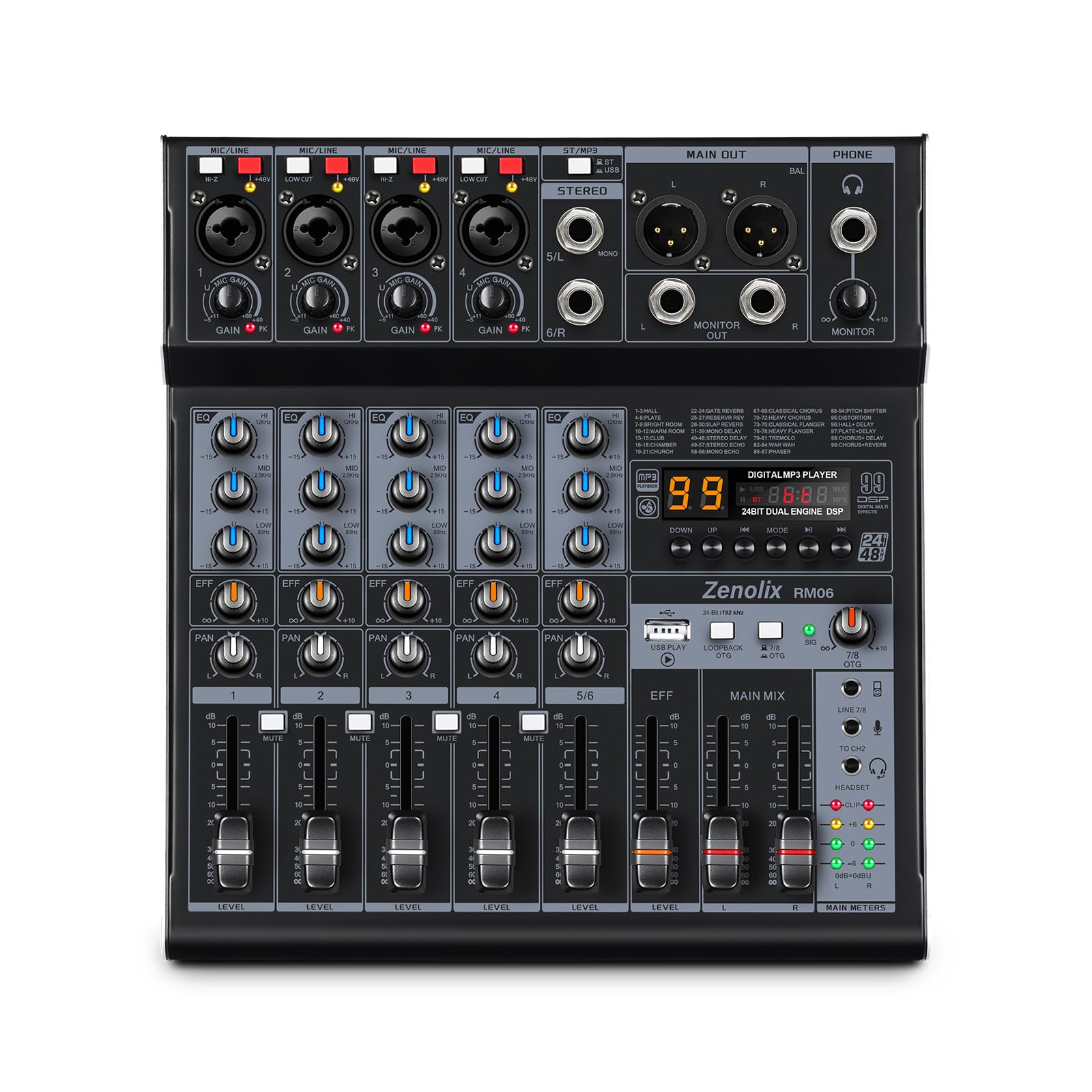 RM06 6-kanałowy mikser audio, płyta dźwiękowa, mikser Bluetooth, interfejs audio USB, mikser DJ z 2 wejściami XLR, nagrywanie 24-bitowe 192 kHz, konsola miksująca do podcastów na żywo do