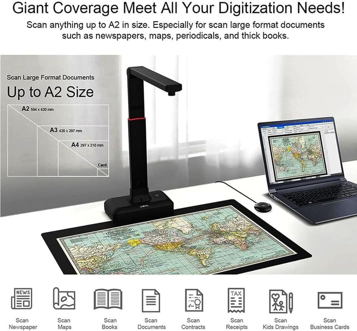 Escáner cenital S21 A2, escáner de Gran Formato de 23 MP para Libros y Documentos, tecnología de Suavizado automático de páginas Curvas, detección de Texto OCR, Compatible con Windows