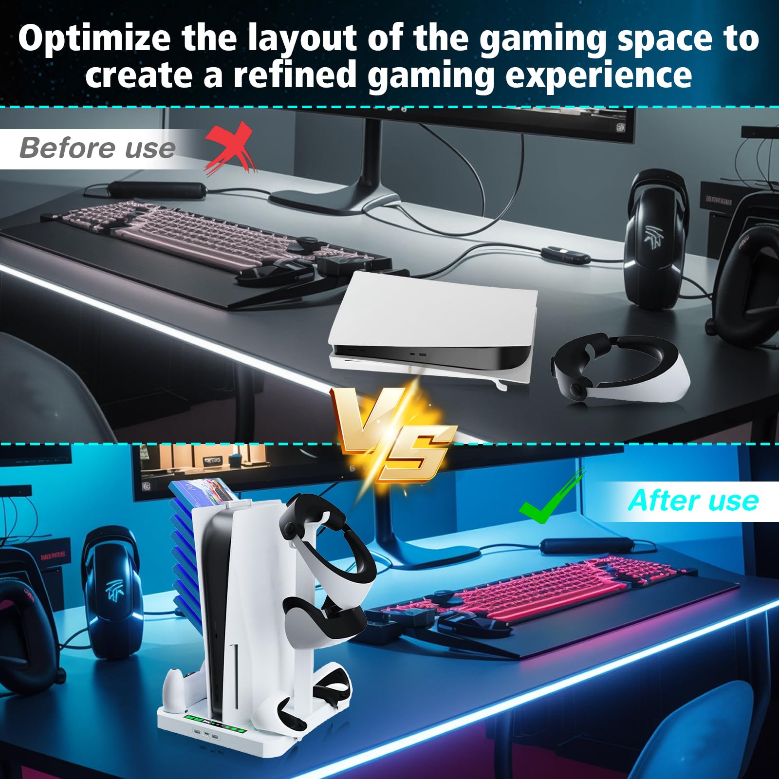 PS5 & PS VR2 Ständer und Kühlstation Mit Controller Ladestation, 3 in 1 Ständer Mit 2 Kühlventilator für PS5 und VR2, Headset Halterung, Zubehör