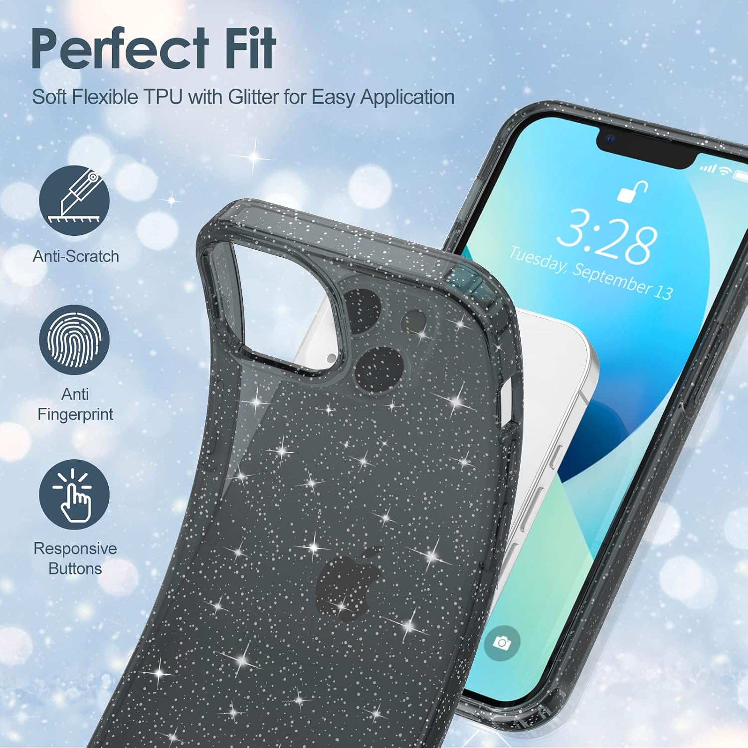 Hython Case for iPhone 13 Case Glitter, Cute Sparkly Clear Glitter Shiny Bling Sparkle Cover, Anti-Scratch Soft TPU Thin Slim Fit Shockproof Protective Phone Cases for Women Girls, Black Glitter