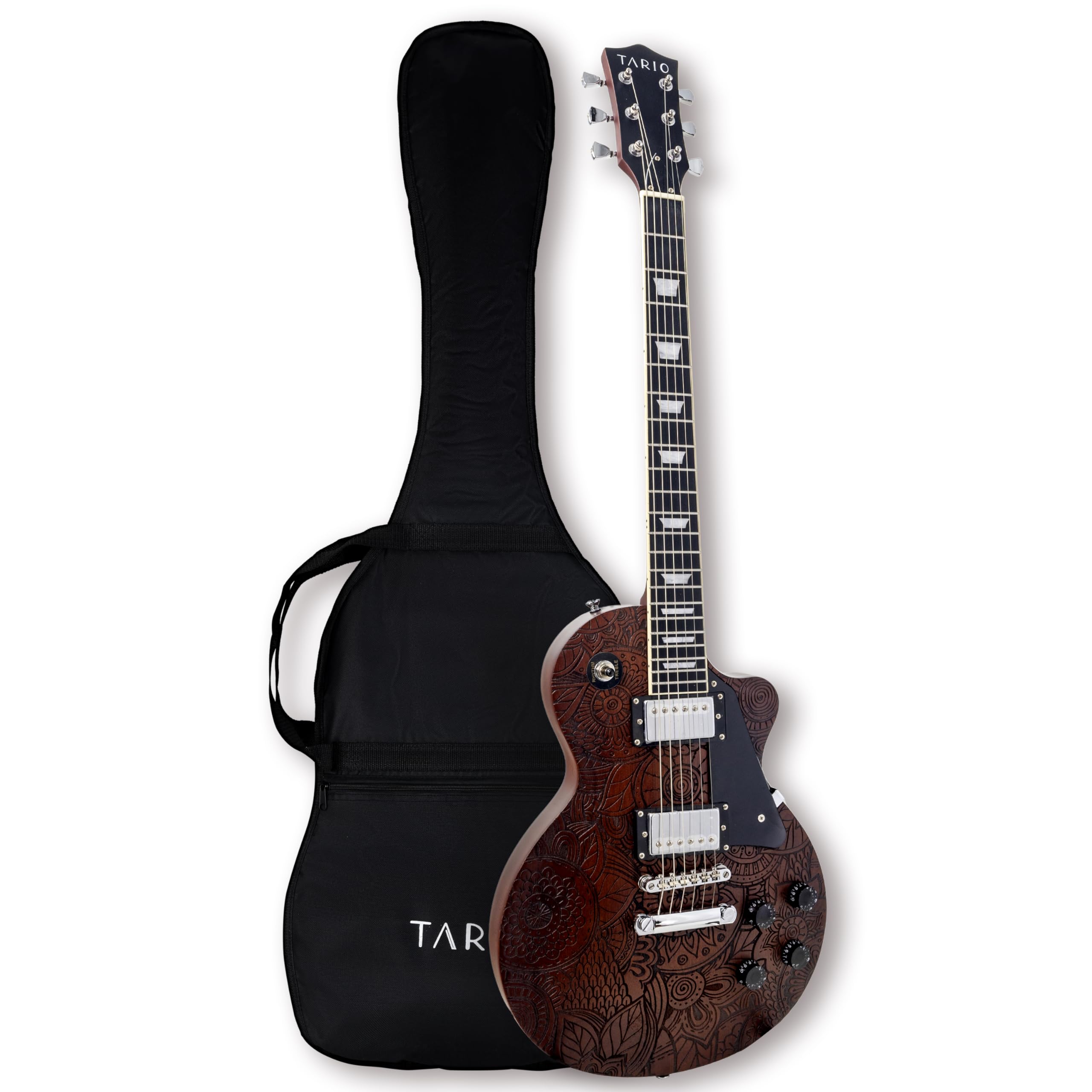 TARIO Chitarra elettrica Superficie incisione modello disegno Chitarra Okoume Corpo con Borsa