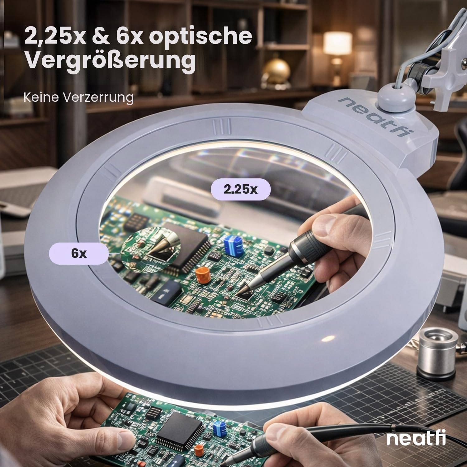 Neatfi XL Bifokal LED-Lupenlampe, 17,8 cm Acryl-Linse, doppelte Vergrößerung 2,25×/6×, 1.600 Lumen, dimmbar | 3 Lichtmodi, Verstellbarer Arm | Lesen, Basteln & Schmuckarbeiten (Weiß, 18 cm Linse)