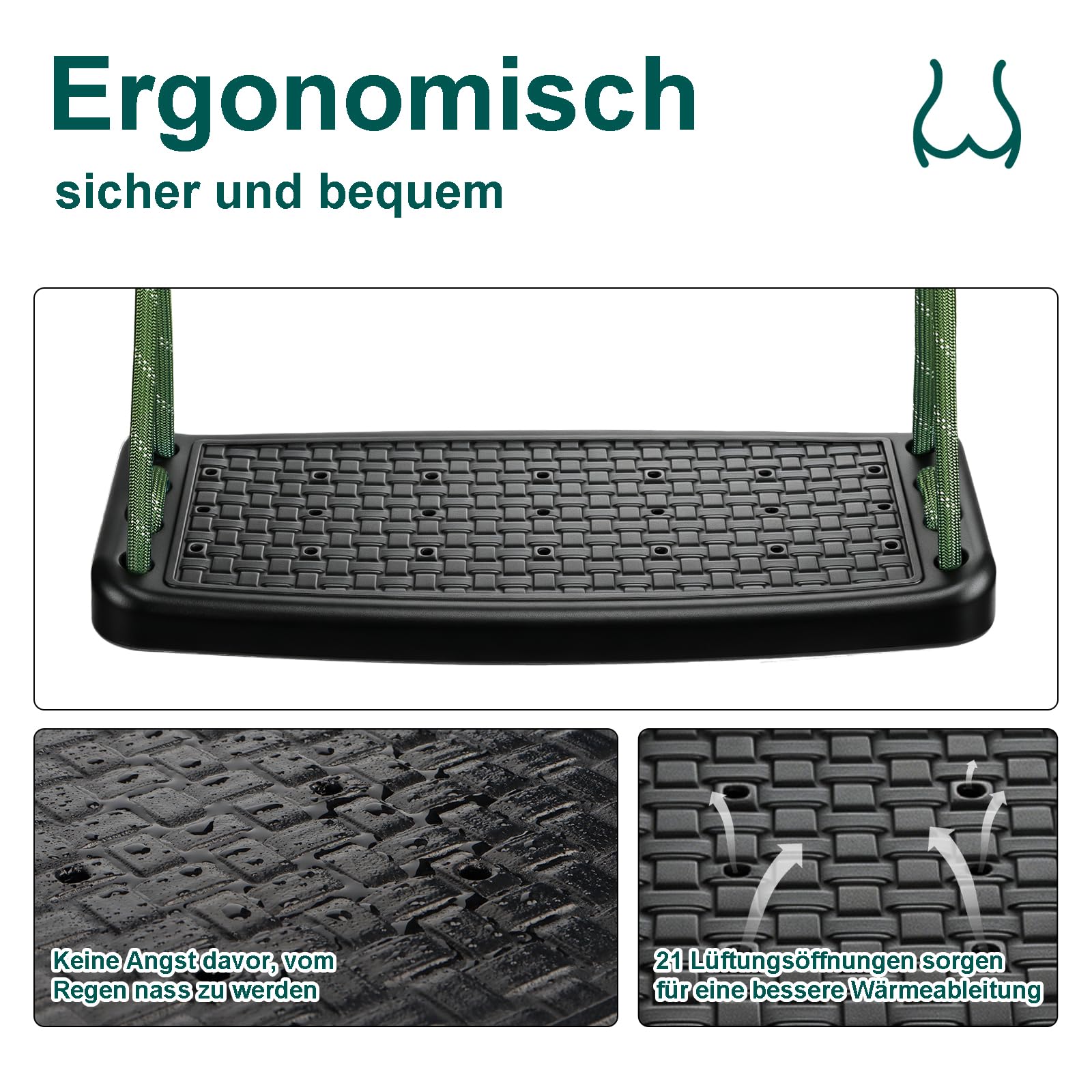 Schaukel Erwachsene, Indoor Outdoor Kunststoff Schaukelsitz Set | Mit Verstellbarem Seil 130 cm-200 cm und 2 Karabinern, für Kinder/Erwachsene Spielplatz Schaukel Garten Schaukel, Schwarz