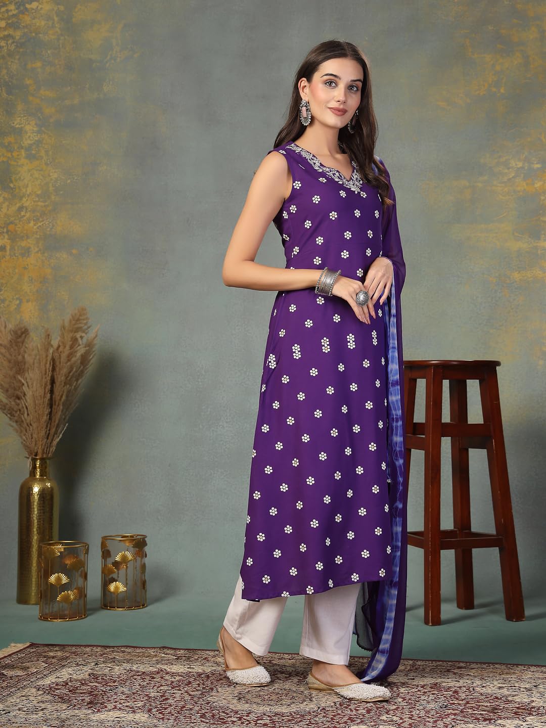 Stylum Women's Floral Printed & Embroidered Rayon A-Line Kurta Dupatta Set (Kdvoilrasna42_Violet, Xl)
