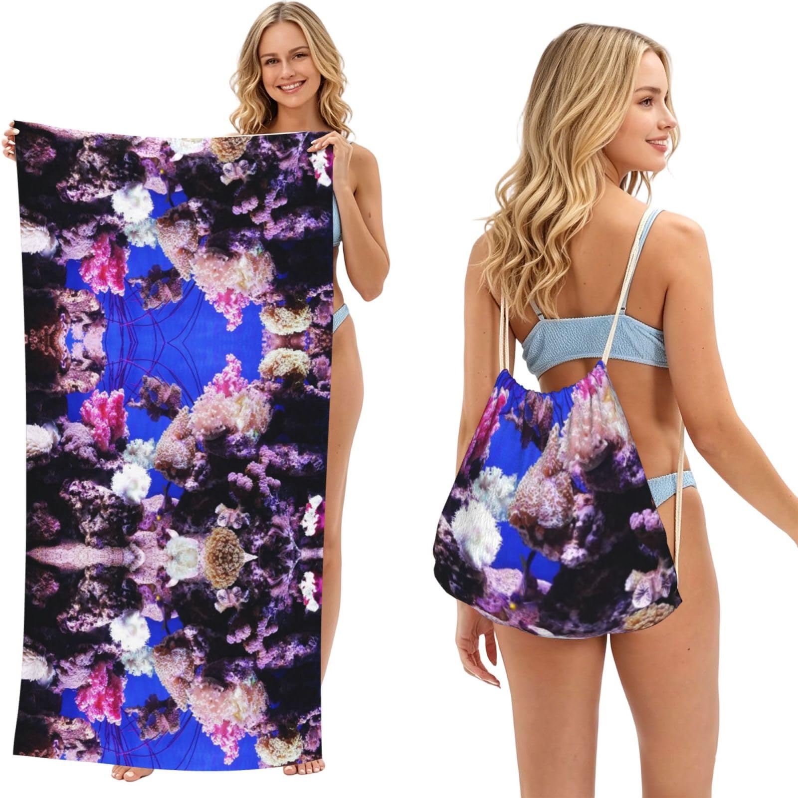 SATUSA Underwater World Coral Print 2-In-1 Foldable Beach Towel Backpack â€“ Camping, Yoga And Travel,Bath Towel With Built-In Storage, Convertible Beach Mat & Carry Bag