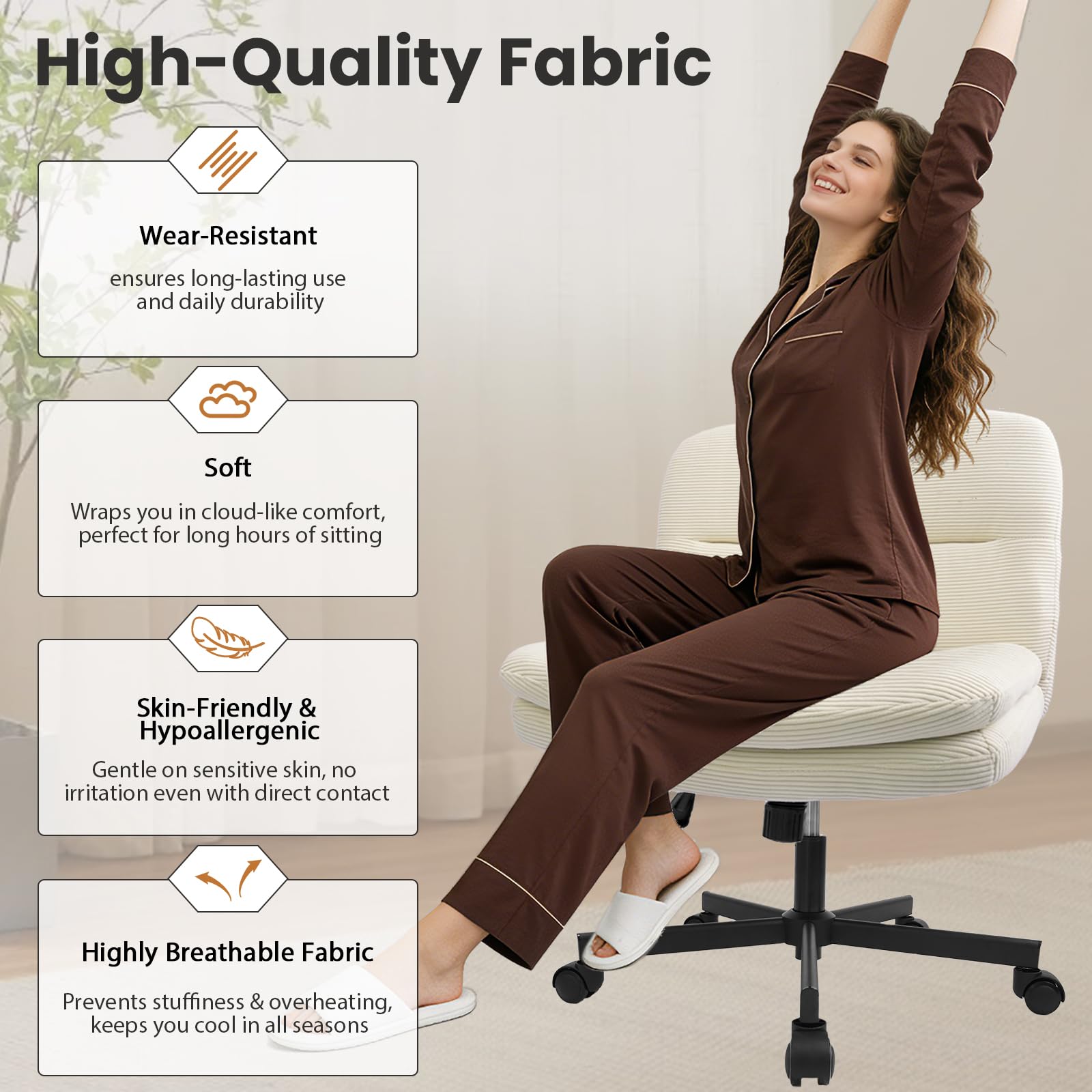 Durrafy Schneidersitz Bürostuhl Ohne Armlehnen, Bürostuhl mit Breiter Sitzfläche, Höhenverstellbarer Drehstuhl mit Leisen Rollen, Schreibtischstuhl bis 136kg für Homeoffice, Schminktisch, Beige
