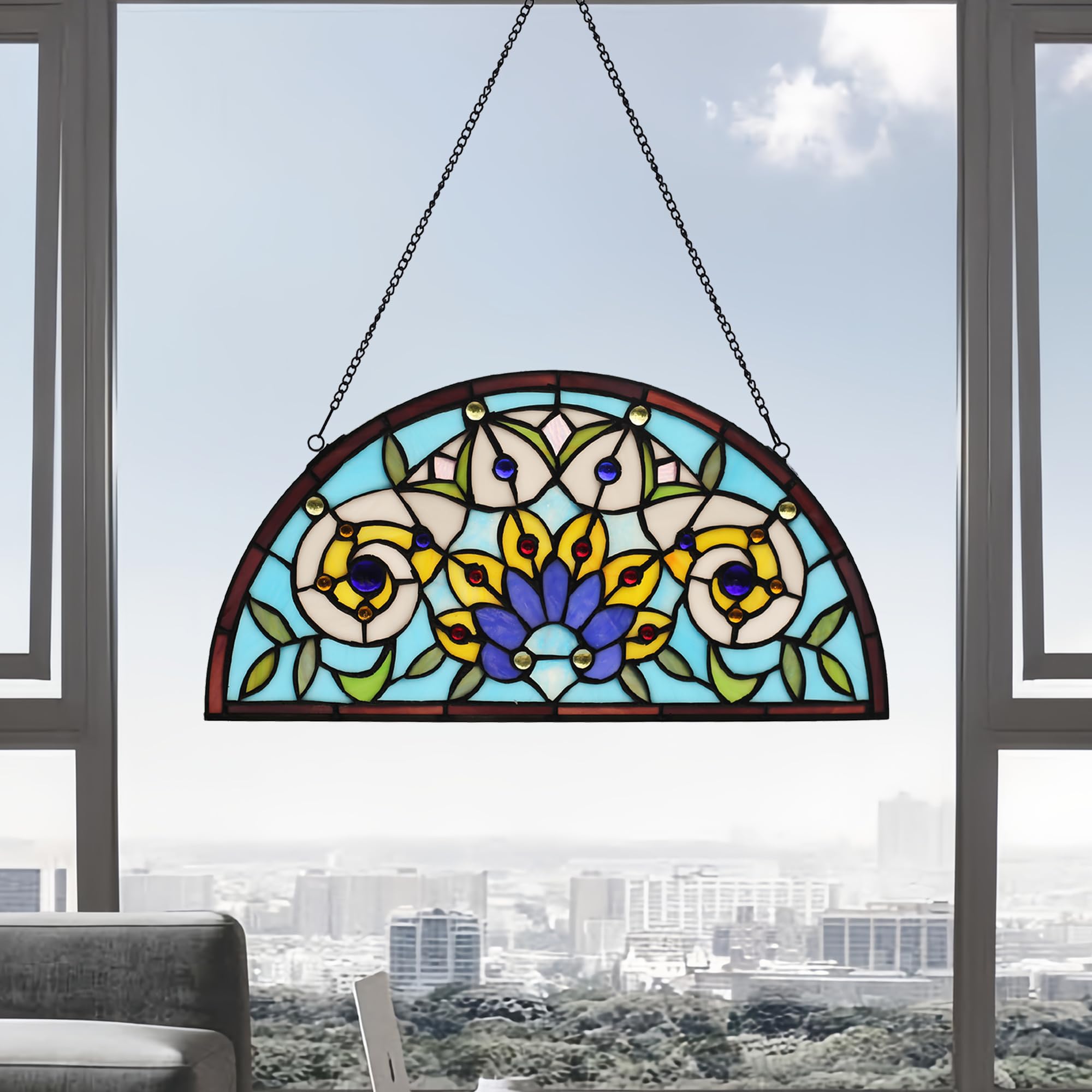 YOURANJU Halbmond-Buntglas-Fensterdekoration, Tiffany-Stil, 40,6 x 20,3 cm, halbrund, Einweihungsgeschenk, Wohnzimmer, Schlafzimmer, Küche, Fenster, dekorative Behänge mit Kette (Blume)