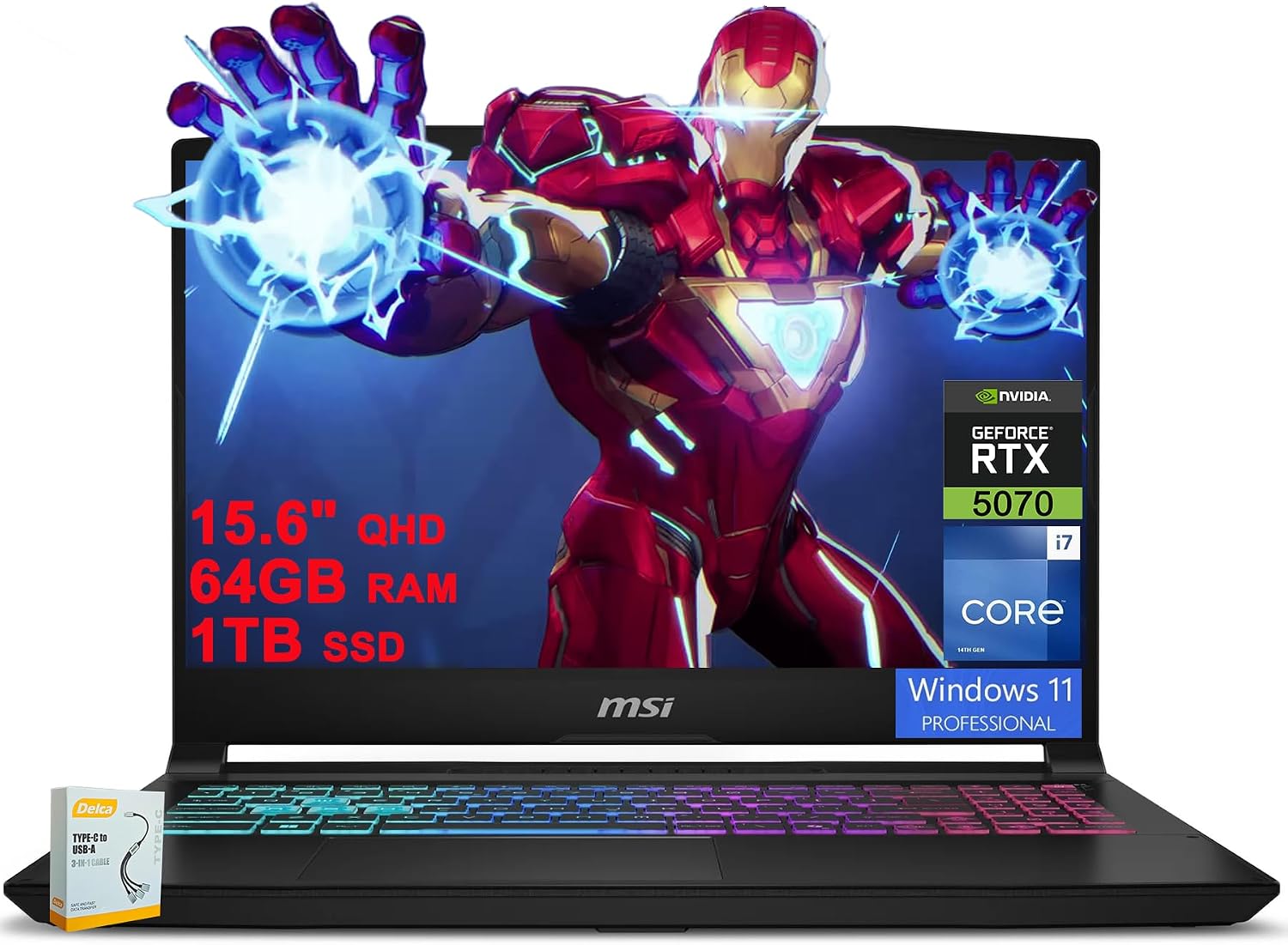 msi Katana 15 HX Gaming Laptop | 15.6" QHD 165Hz 100% DCI-P3 | Intel 16-core i7-14650HX (>i9-12900H) | 64GB DDR5 1TB SSD | GeForce RTX 5070 (Up to 798 AI Tops) RGB Backlit Win11Pro w/DLCA Accessory