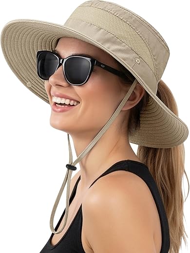 Lonya Women's Summer Sun Hat with Tail Hole UV Protection Hats Wide Brim Safari Sea Trekking Man Fisherman Hat
