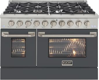 KUCHT Professional 48 in. 6.7 cu. ft. Dual Fuel Range for Natural Gas with Sealed Burners, Griddle/Grill and Two Ovens - One Convection - in Stainless Steel with Grey Oven Door