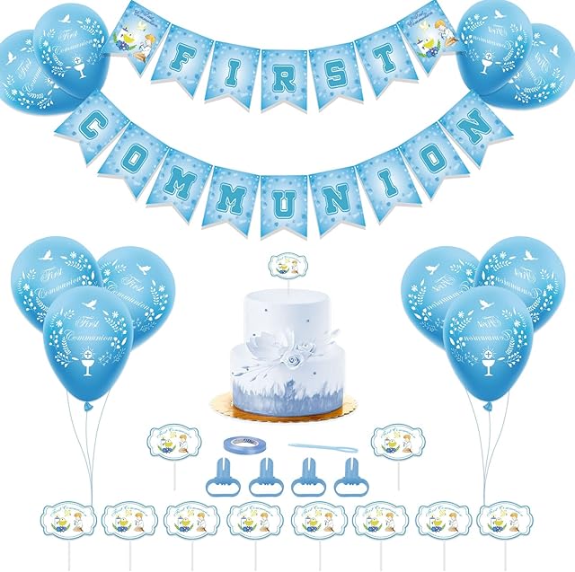 Holy Communion Decorations for Boys, First Communion Confirmation Supplies with God Bless Bunting Banner Cupcake Toppers Balloons, Christening Baptism Decor for Kids Birthday Party-Blue