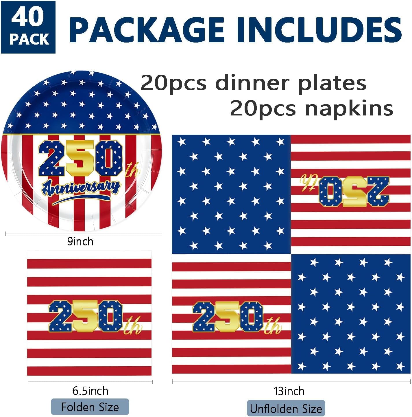 40Pcs 250th Anniversary Plates and Napkins Party Supplies 4th of July Paper Plates Red White Blue Patriotic Plates 9inch Disposable Dinnerware for USA 250th Anniversary Celebration, Independence Day