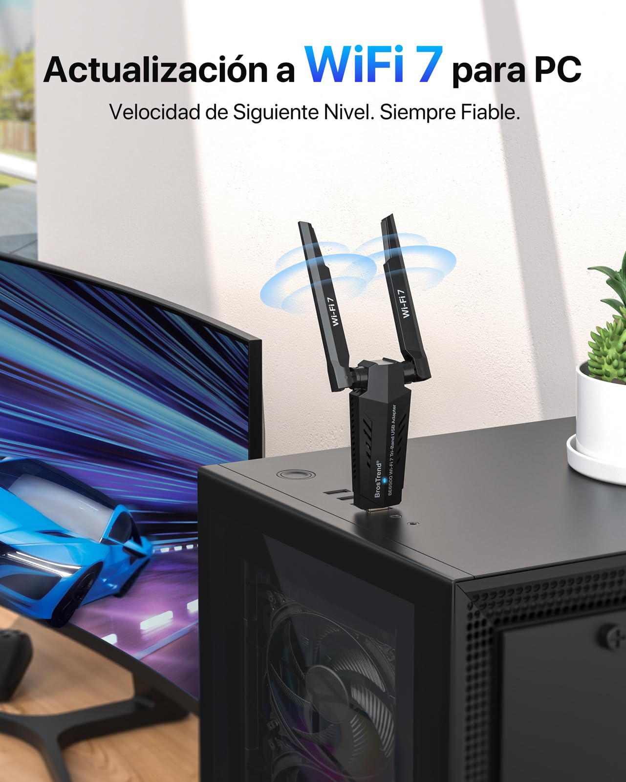BrosTrend Wi-Fi 7 Adaptador WiFi USB para PC, BE6500Mbps Tri-Banda 6GHz + 5GHz + 2.4GHz Antena WiFi PC Largo Alcance, Receptor Wi-Fi USB 3.0, Compatible con Windows 11/10, 4K-QAM, 160MHz, OFDMA, WPA3