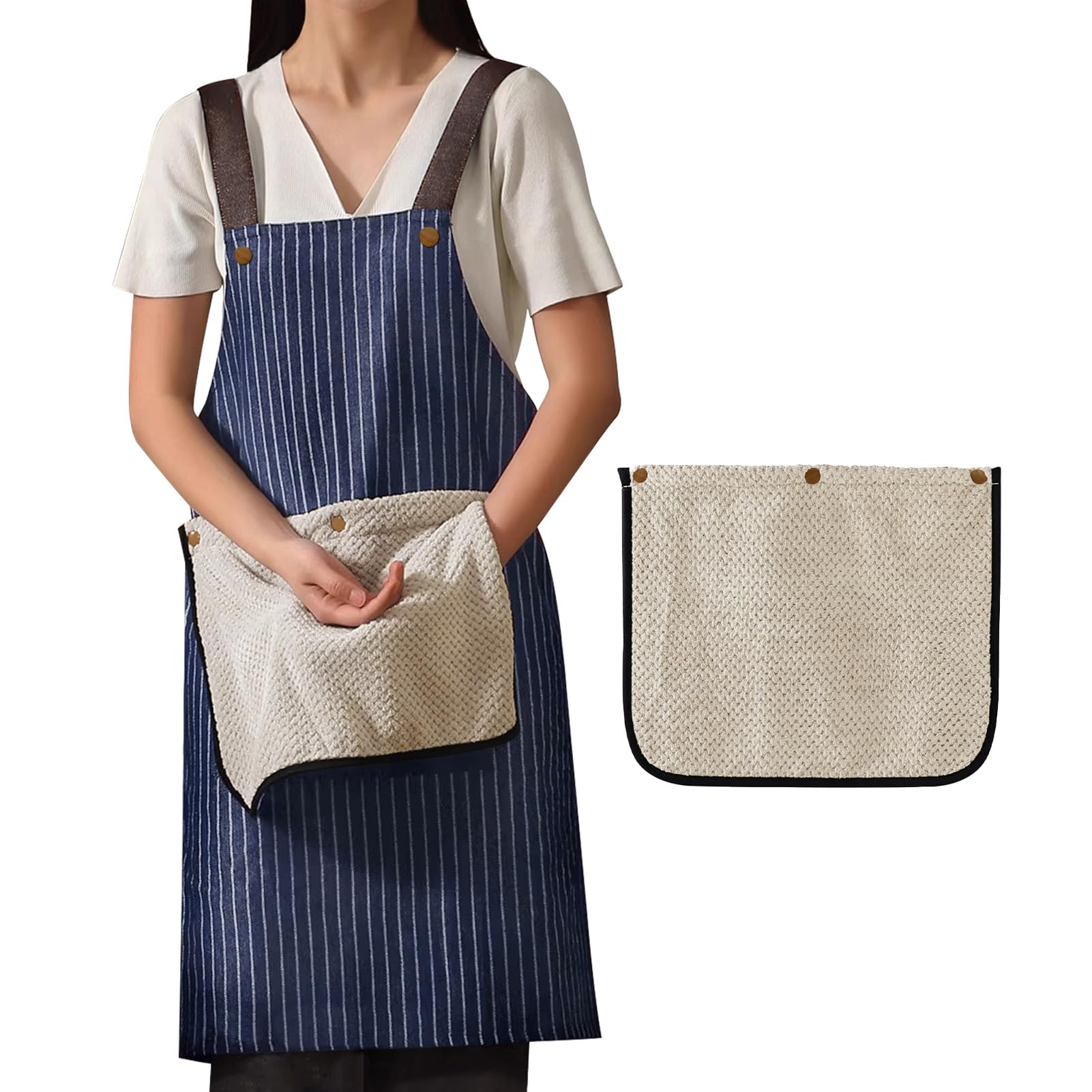 Tabliers unisexes à rayures avec serviette à main Tabliers de cuisine imperméables et anti-huile à bretelles croisées dans le dos pour femmes et hommes (avec 1 serviette à main de rechange)
