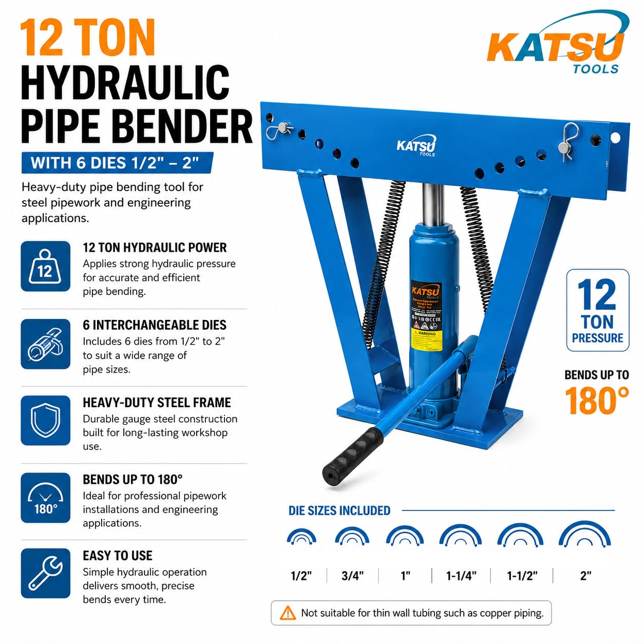 KATSU Cintreuse hydraulique presse à cintrer 12 Ton avec 6 Matrices 1/2" - 2", Outil de Cintrage Tubes Tuyaux Plomberie Chauffage Automobile