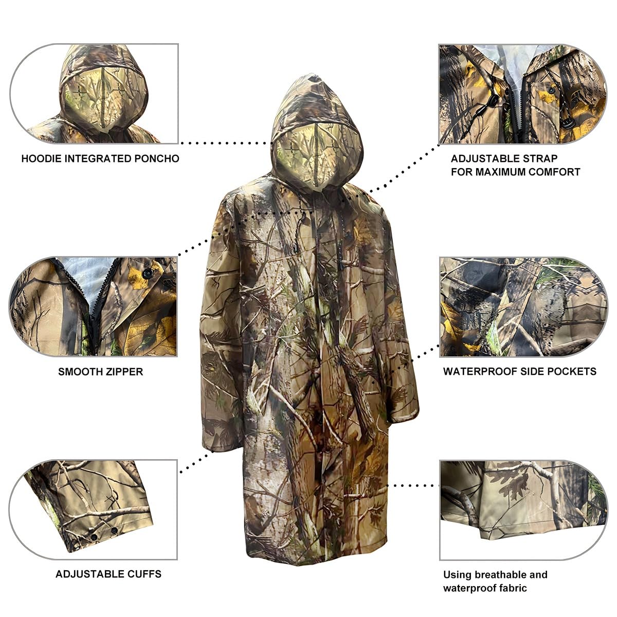 Poncho impermeabile con cappuccio, multiuso, mimetico, telo da terra per caccia, campeggio, escursionismo