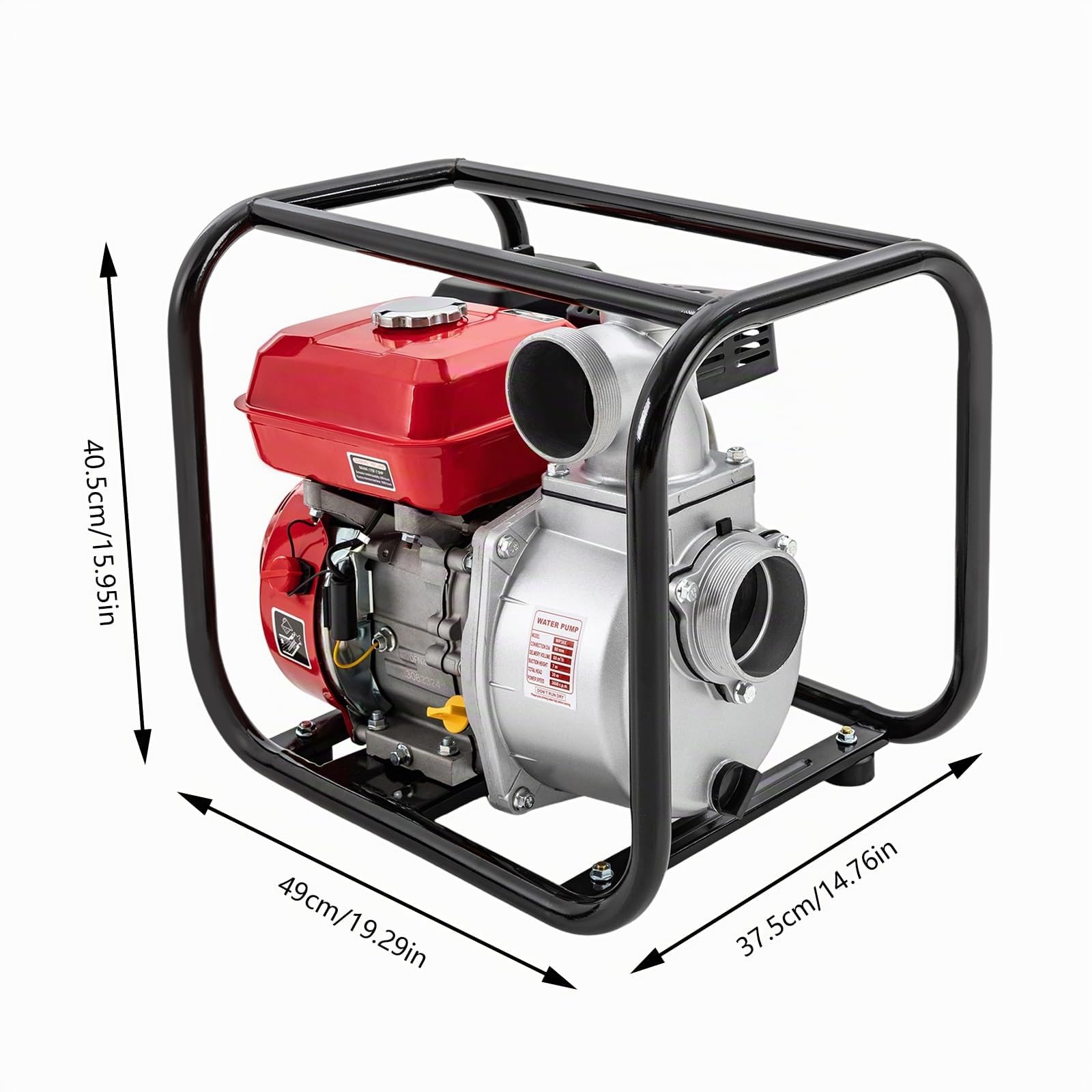Bomba de agua de gasolina para jardín, 7,5 CV, 35000 l/h y 30 m, altura de aspiración, conexión de 3 pulgadas, bomba de agua sucia con motor de 4 tiempos, arranque por cable, base de metal