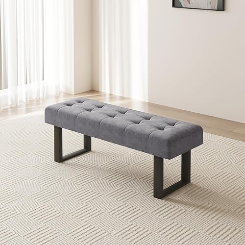 Miniatura 2 de jiexi Banco tapizado de tela de calidad de 49.2 pulgadas con patas de metal, reposapiés con diseño copetudo, banco de recepción para dormitorio de