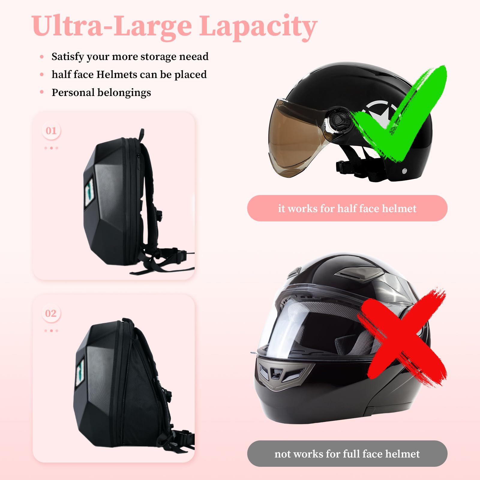 Grelrova Sac à dos de moto avec yeux LED, noir, Small size 17in, Sacs à dos Knight
