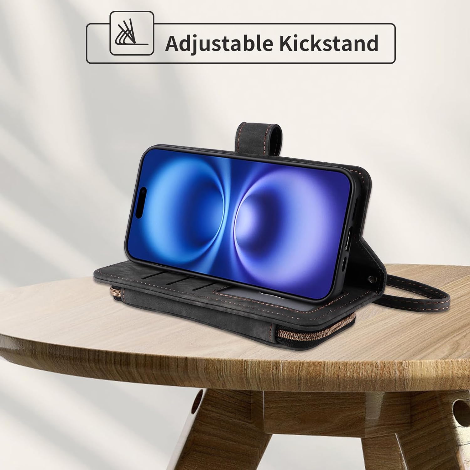 Phone Case for iPhone 16 6.1 inch Wallet Cell Cover with Tempered Glass Screen Protector Crossbody Lanyard Shoulder Strap Flip Stand Zipper Purse Card Holder Slot i Phone16 i16 16Case Women Men Black