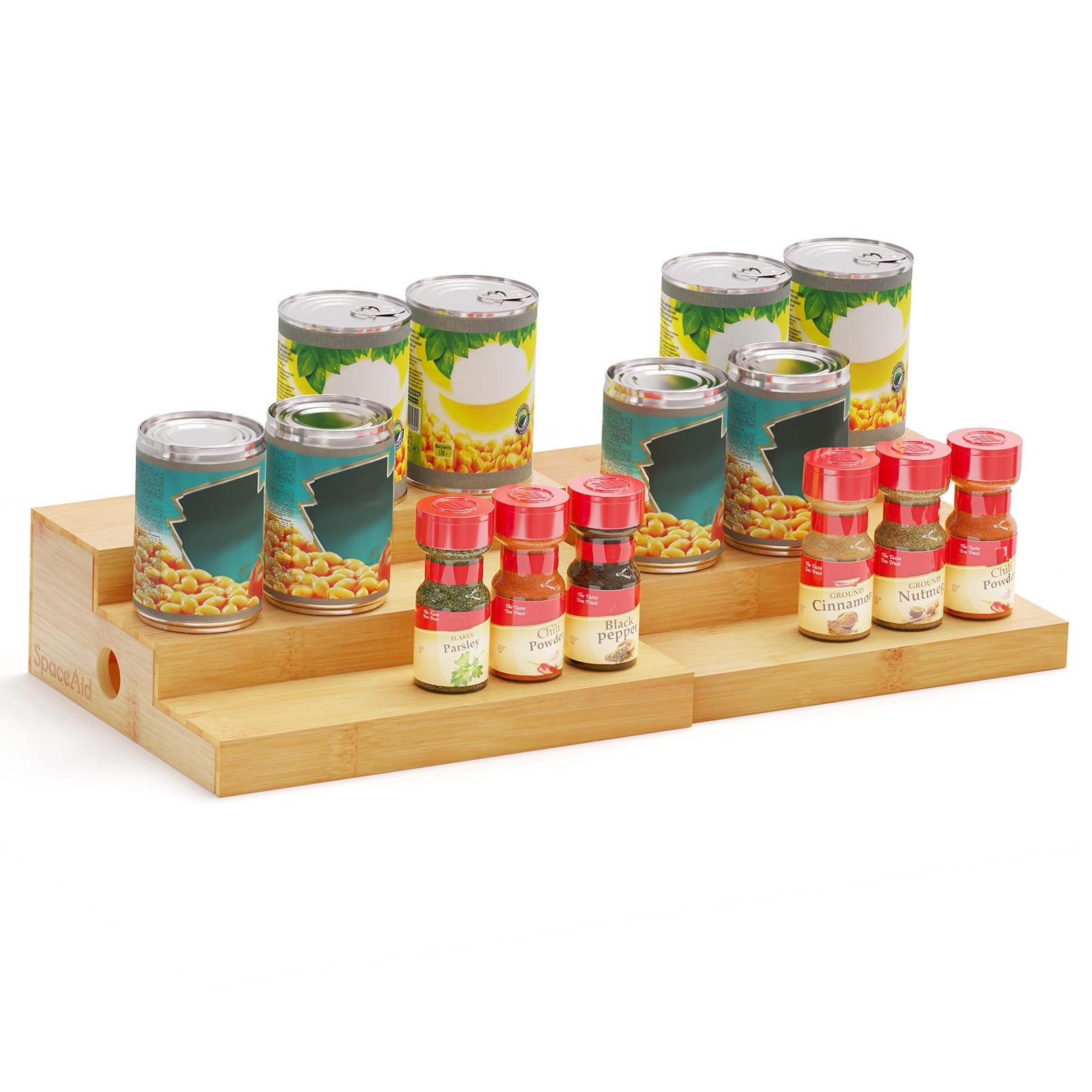 SpaceAid Organizador de especias para armario de cocina, despensa y encimera, estante de exhibición expandible de bambú para condimentos y latas (3 niveles, natural)
