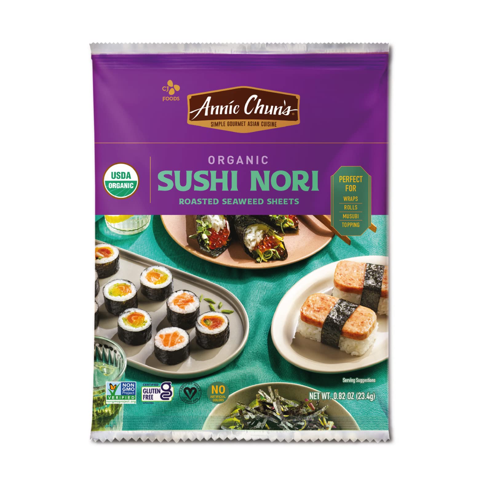 Annie Chun's - Organic Roasted Seaweed Sushi Nori (108 Full Sheets), Vegan and Gluten Free, Light and Airy Texture and Delicious Taste (12 x 9-Sheet Pack)