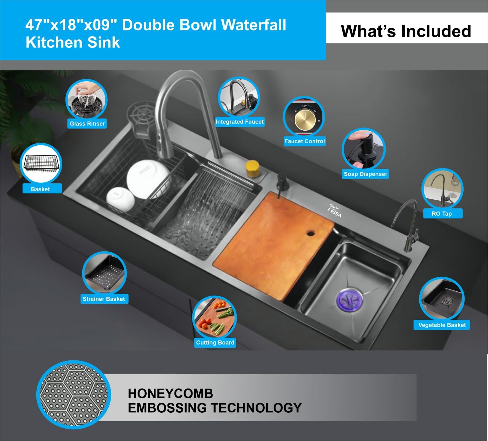Fossa 47"x18"x10" Inch 5-Year Warranty Double Bowl Waterfall Kitchen Sink Honeycomb Embossed Sink with black Nano Coating, Pure Stainless Steel Sink, faucet with all Accessories. 1