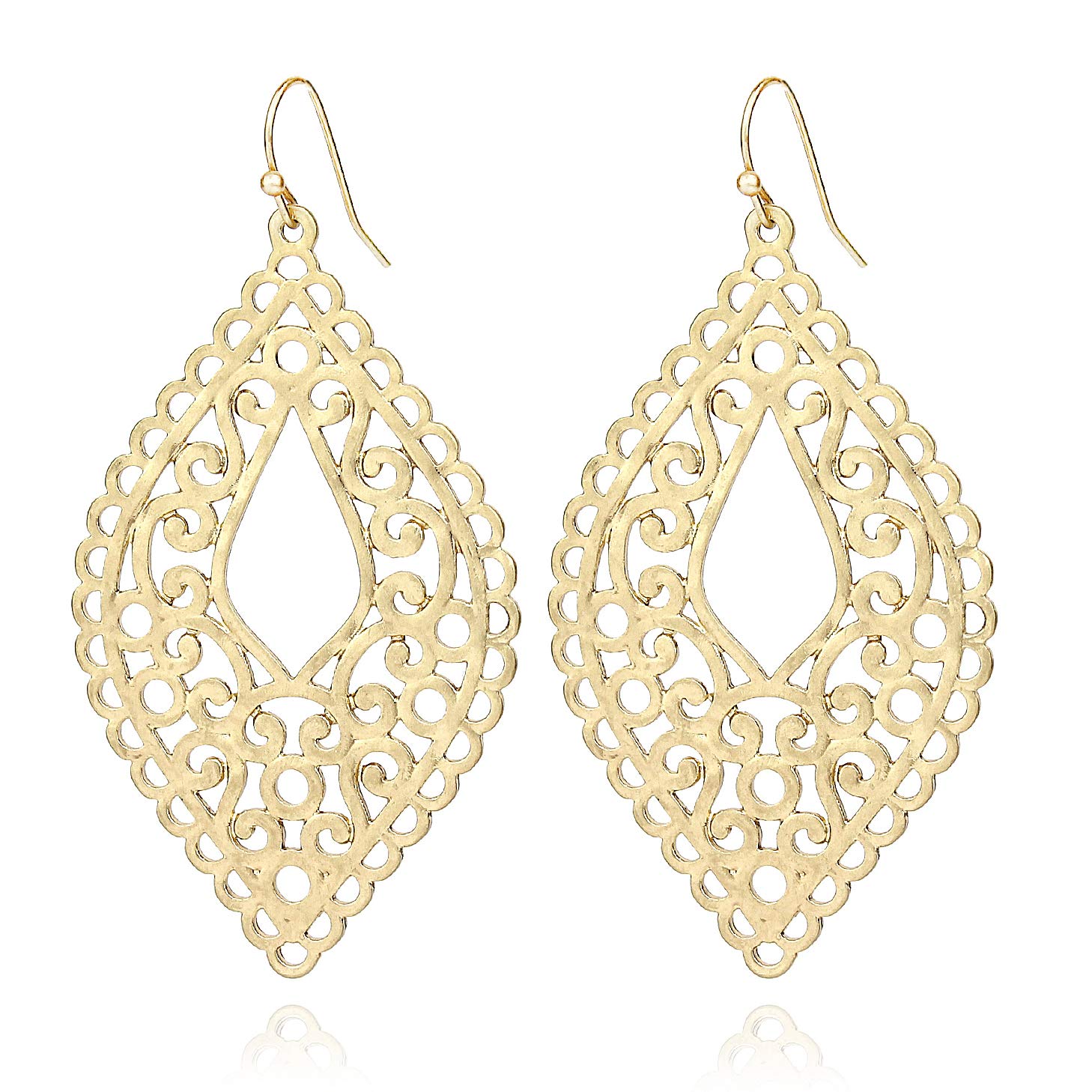 POMINAPOMINA Boho Victorian Moroccan Style Floral Filigree Gold Dangling Drop Earrings Geometric Teardrop Fashion Statement Antique Gold Earrings for Women