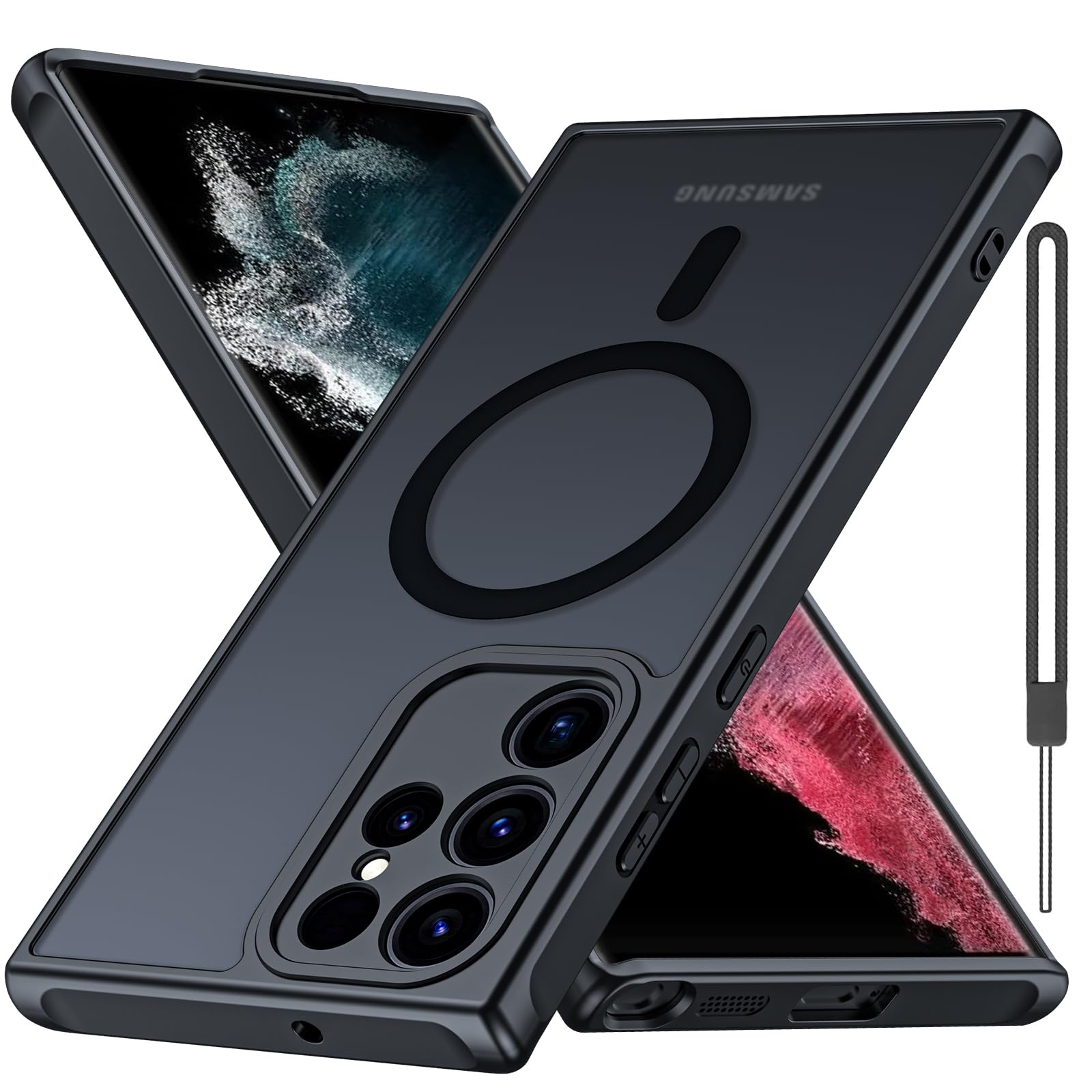 Bimanpap Matte Case for Samsung Galaxy S23 Ultra 5G, Compatible with Magsafe,[Wrist Strap] Magnetic Shockproof Military Drop Protection Translucent Back Slim Bumper Phone Cover (Black)