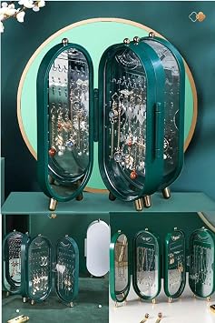 T NEKE 4 Division Jewelry Organizer Mirrored Jewelry Strap Ring Stand, Earring Stand, Necklace Organizer GREEN