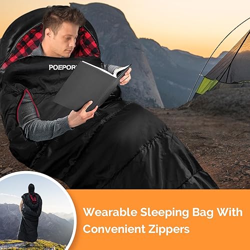 Miniatura 5 de POEPORE Saco de dormir de franela de algodón 0 grados para clima frío para adultos XXL saco de dormir portátil 4 estaciones impermeable con saco de