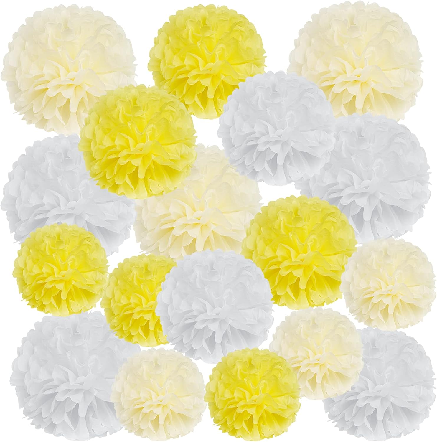 Tissue Paper Pom Poms Party Decorations, Hmxpls Tissue Balls Colorful Flowers Pom, Large Pom Poms for Wedding Birthday Celebration Outdoor Decoration - Yellow & White (8"/ 10"/ 12")