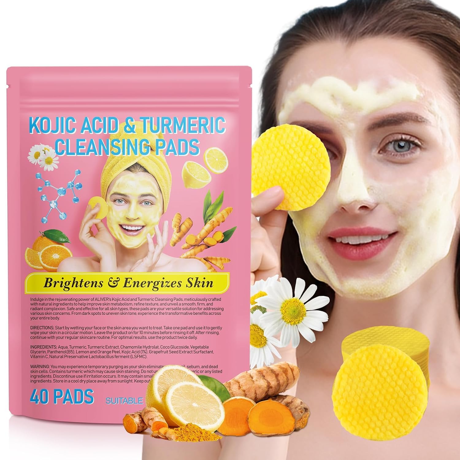 Kojic Acid & Turmeric Cleansing Pads for Face - Natural Ingredients, All Skin Types (40 Pads), 40 count (Pack of 1)