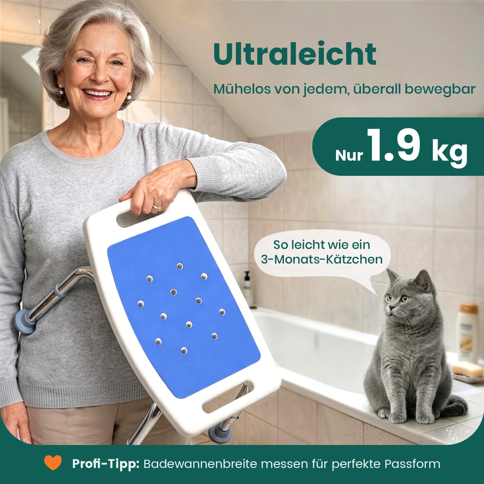 Duschhocker mit Höhenverstellung – Leichter Badehocker mit gebogenem Sitz, Rutschfester Duschsitz für Senioren, Behinderte & Schwangere, Blau