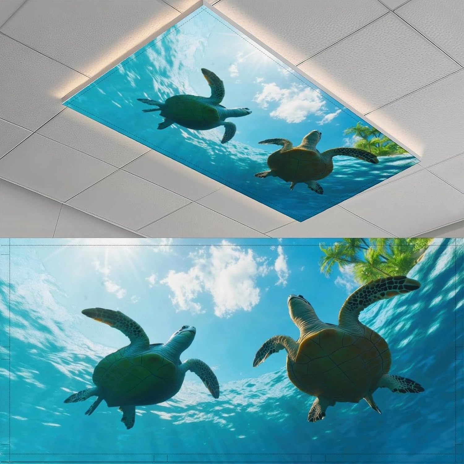 2pcs Sea Turtle Fluorescent Light Covers - Light Covers for Ceiling Lights Classroom, Magnetic Light Filters for Office, Hospitals, Home 4 X 2 Feet