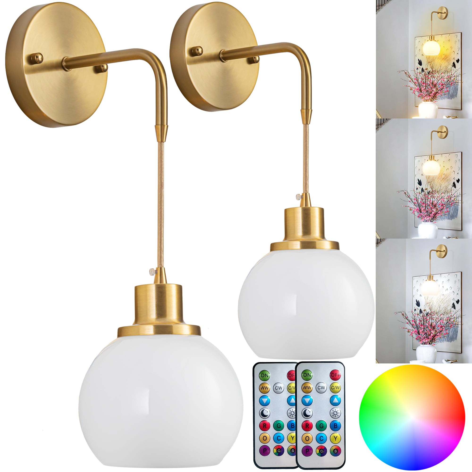 Wall Sconces Set Of Two Battery Operated Sconces With Remote,Rechargeable Wall Sconce Non Hardwired UP To 50 Hours Long Life,Globe Glass Wall Sconce With RGB light Bulb For Bedroom Living Room